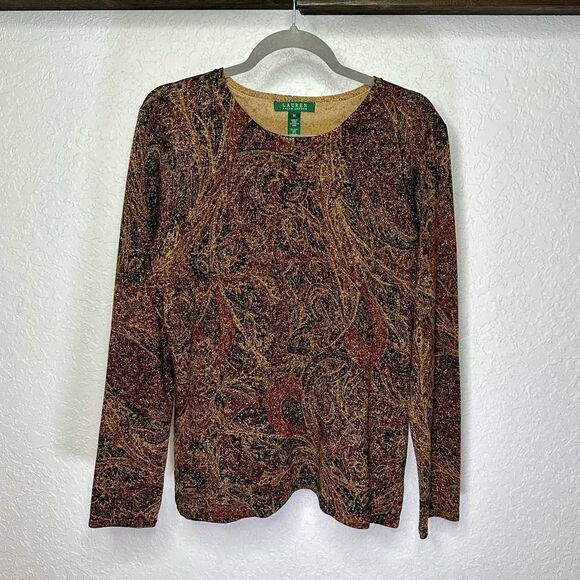 Ralph Lauren Women Brown Paisley Silk Cashmere Metallic Sweater Size 1X - Picture 2 of 9